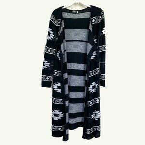 Lightweight mid-calf knit, jacket, black with white Native American designs